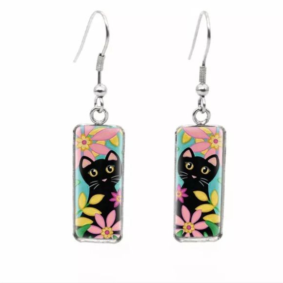 Other - Black Kitty Cat Flower Pattern Rectangle Earrings
